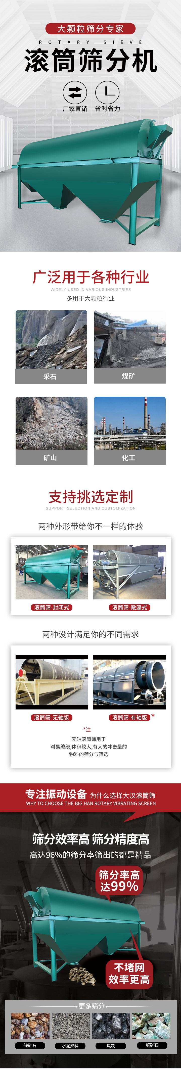 滾筒篩分機大顆粒篩分專家：廠家直銷，省時省力。滾筒篩被廣泛應用各種行業：多用于大顆粒行業例如：采石，煤礦，礦山，化工等。滾筒篩定制類型有哪些：封閉式與敞篷式產品結構分為：無軸式，有軸式兩種，無軸滾筒篩用于對纏繞，體積較大，有大的沖擊量的物料的篩分與篩選。滾筒篩篩分效率高篩分精度能夠達到：96%也比較適用于鐵礦石，水泥熟料，焦炭，銅礦石。滾筒篩特點：不飛粉末：密封隔離罩，密封性好，工作過程不會出現飛粉現象。外型尺寸是按筒體長計