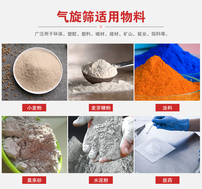 氣旋篩適用物料：小麥粉，麥芽糖粉，涂料，等粉狀物料。